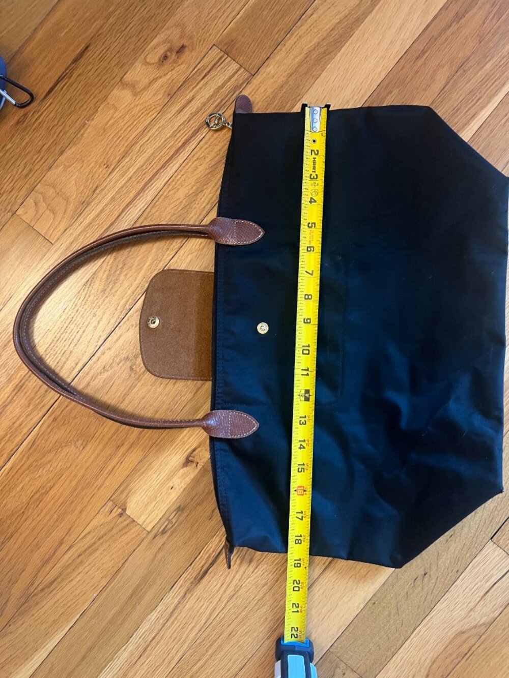 Longchamp Le Pliage Large Shoulder Tote Black Nylon Brown Leather L1899 - Picture 3 of 7